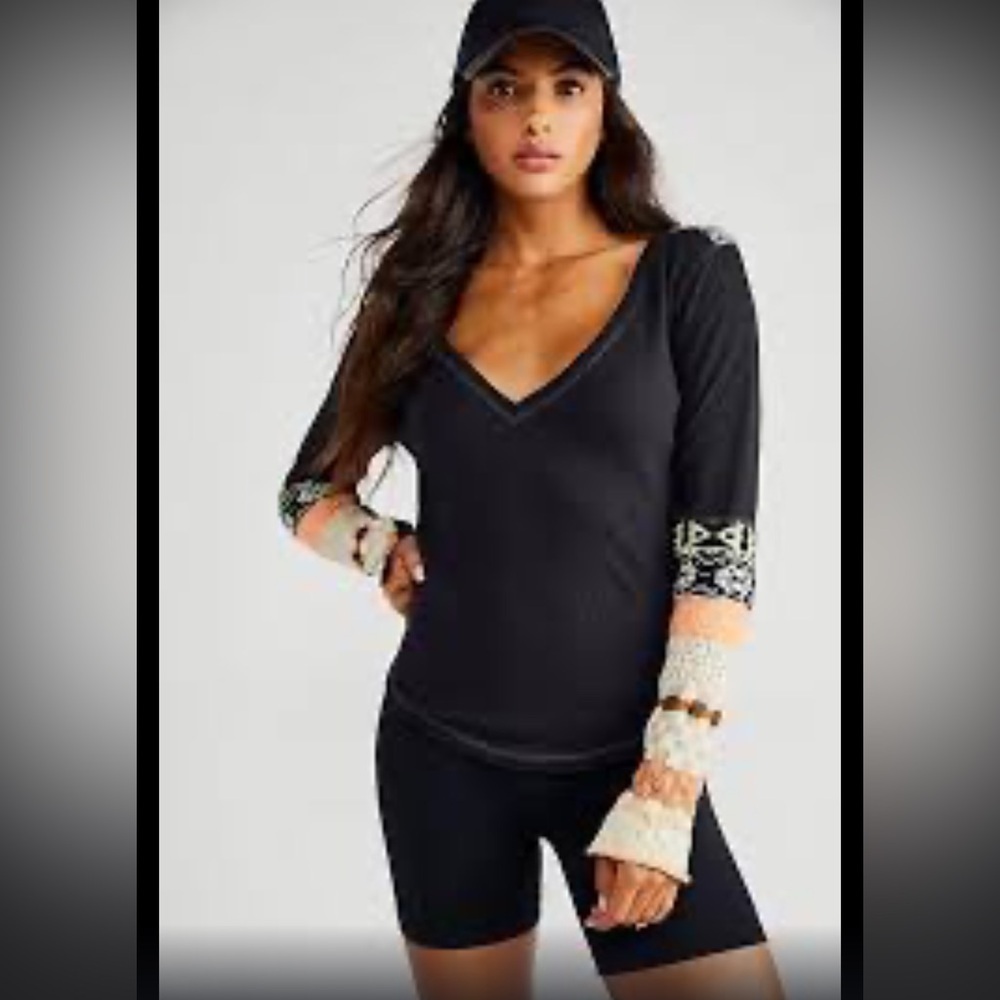 Free People All in the Cuff Long Sleeve Top Black and Cream size S